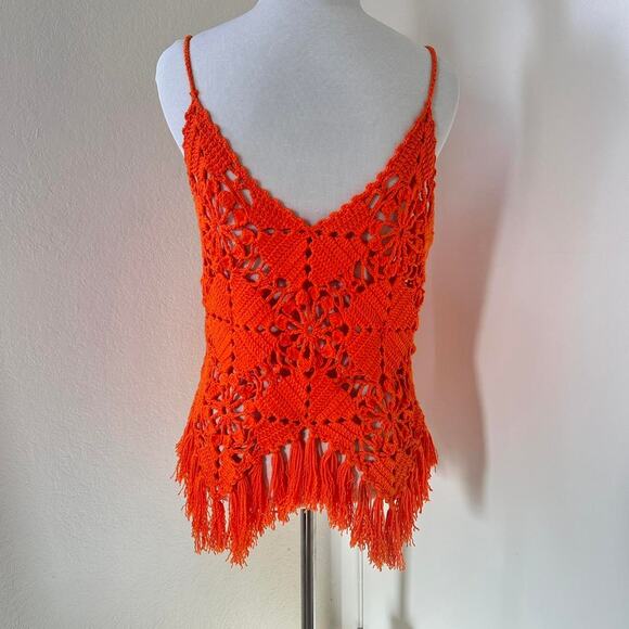 Handmade Crochet Boho Fringe Tank Top Red Orange Festival Beachwear - Picture 7 of 7